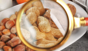 Lupe vergrößert Erdnüsse