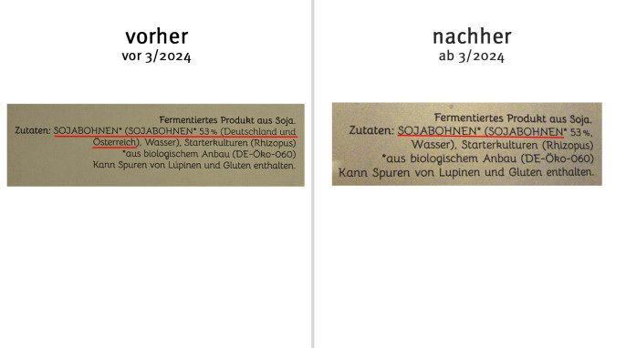 alt: Zutaten, Tempehmanufaktur Soja-Tempeh Natur, vor 3/2024; neu: ab 3/2024, Herstellerfoto