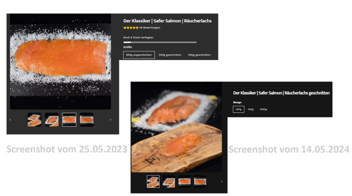 alt: Angebot Safer Salmon Räucherlachs Der Klassiker, safersalmon.de, 25.05.2023; neu: 14.05.2024