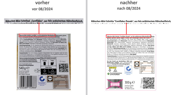 alt: Metzgerfrisch Hähnchen-Mini-Schnitzel Cornflakes, bis 08/2024; neu: Metzgerfrisch Hähnchen-Mini-Schnitte Cornflakes, Herstellerfoto, ab 08/2024
