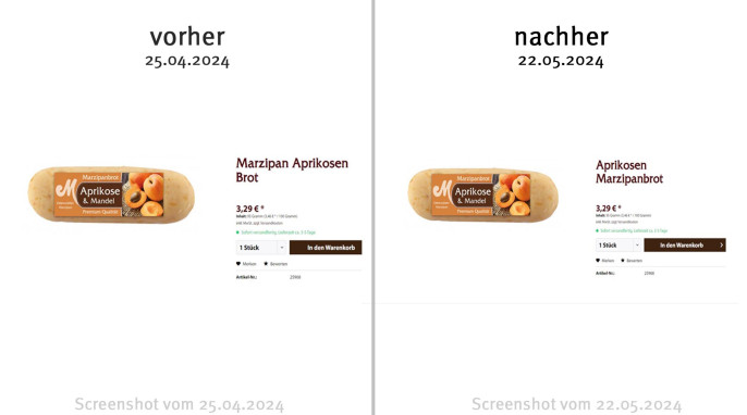 alt: Angebot Odenwälder Marzipanbrot Aprikose, odenwaelder-marzipan.de, 25.04.2024, neu: 22.05.2024