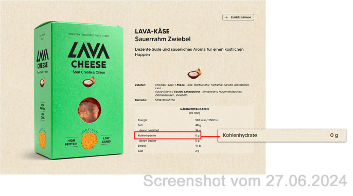 Nährwerte, Lava-Käse Sauerrahm Zwiebel, lavacheese.com, 27.06.2024