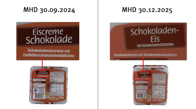 Bezeichnung, Gut & Günstig Eiscreme Schokolade und Schokoladen-Eis, MHD 30.09.2024; MHD 30.12.2025 [Unterseite] 