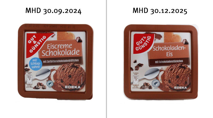 Gut & Günstig Eiscreme Schokolade und Schokoladen-Eis, MHD 30.09.2024; MHD 30.12.2025