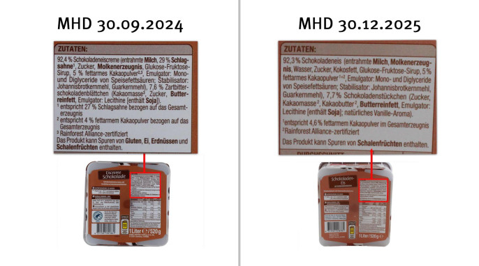  Zutaten, Gut & Günstig Eiscreme Schokolade und Schokoladen-Eis, MHD 30.09.2024; MHD 30.12.2025