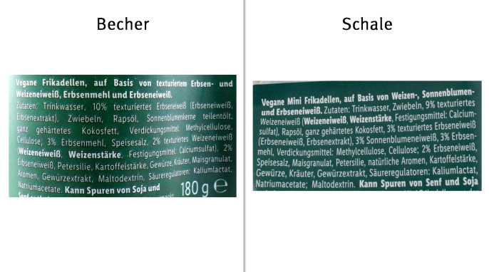 Bezeichnung + Zutaten Becher, Vemondo vegane Snack Frikadellen; Bezeichnung + Zutaten Schale, Vemondo vegane Snack Frikadellen