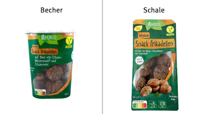 Becher, Vemondo vegane Snack Frikadellen; Schale, Vemondo vegane Snack Frikadellen