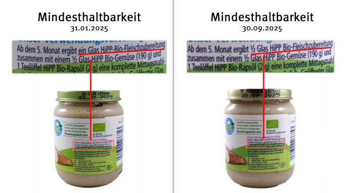 alt: Verwendungsvorschlag, Hipp Bio-Hühnchenfleisch Zubereitung, Mindesthaltbarkeit 31.01.2025; neu: Mindesthaltbarkeit 30.09.2025