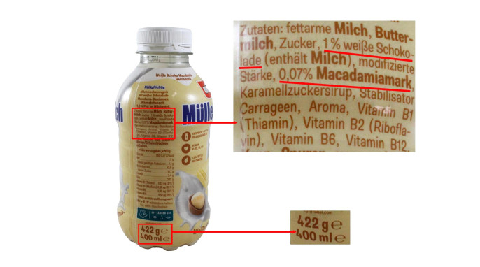 Zutaten + Füllmenge, Müllermilch Weiße Schoko-Macadamia-Geschmack 