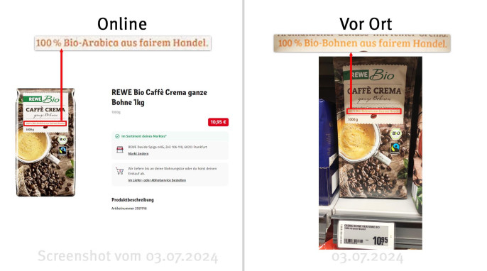 Angebot Rewe Bio Caffè Crema ganze Bohnen, Rewe-Filiale, Zeil, Frankfurt/M., rewe.de, 03.07.2024; Rewe-Filiale, Zeil, Frankfurt/M., vor Ort, 03.07.2024 