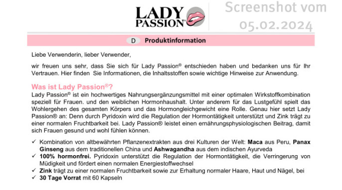 Produktinformation, Lady Passion, Ladypassion.de, 05.02.2024 