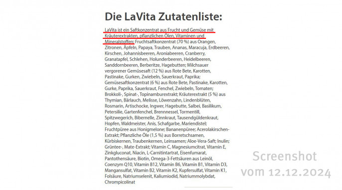 Bezeichnung + Zutaten, Lavita.com, 12.12.2024 Bezeichnung + Zutaten, Lavita.com, 12.12.2024
