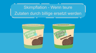 Zwei Illustierte Schokoladeneis Verpackungen mit geringer optischer Änderung. Text: Skimpflation - Wenn teure Zutaten durch billige ersetzt werden Zwei Illustierte Schokoladeneis Verpackungen mit geringer optischer Änderung. Text: Skimpflation - Wenn teure Zutaten durch billige ersetzt werden