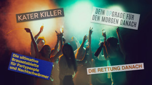 Feiernde Menschen Feiernde Menschen, im Vordergrund die Claims der Katermittel-Hersteller