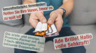 Aussagen der Aura Natura Werbung vor Mann mit Pillendragees Aussagen der Aura Natura Werbung vor Mann mit Pillendragees