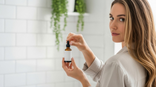 Frau mit Pipettenfläschchen Frau mit Pipettenfläschchen