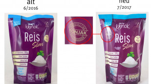 alt: Produktverpackung, Beispiel Kajnok Reis Slim, 6/2016; neu: 7/2017