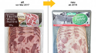 alt: Imitierte Truthahn-Wildpastete, vor Mai 2017; neu: Spilker Brühwurst Pastete aus Truthahn-, Hähnchen- und Rindfleisch, ab 2018