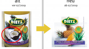 alt: Dietz Pina Colada mit Aloe vera, vor 07/2019; neu: ab 07/2019, Herstellerfoto
