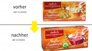 alt: Westminster Tea Heißer Sanddorn, vor 11/20, neu: ab 11/20, Herstellerfoto