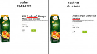 alt: Angebot Fruchtsaft Mango-Maracuja-Orange, bringmeister.de, 24.09.2020; neu: Nektar, 16.11.2020