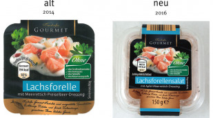 alt: Zutaten, Freihofer Gourmet Lachsforelle mit Meerrettich-Preiselbeer-Dressing, 2014; neu: Zutaten, Freihofer Gourmet Lachsforelle mit Apfel und Meerrettich-Dressing, 2016