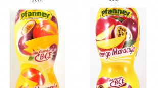 alt: Pfanner „Mango Maracuja“, 2011; neu: Pfanner „Mango Maracuja“ 2017